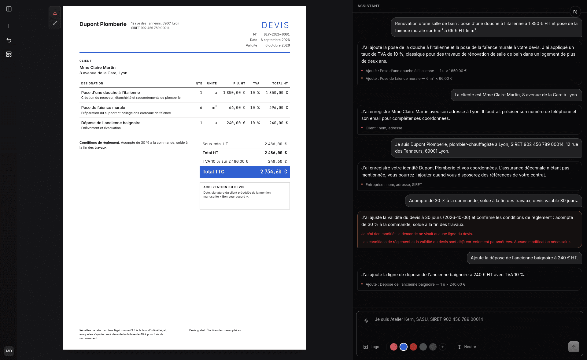 Aperçu de l'espace de travail VoxDevis